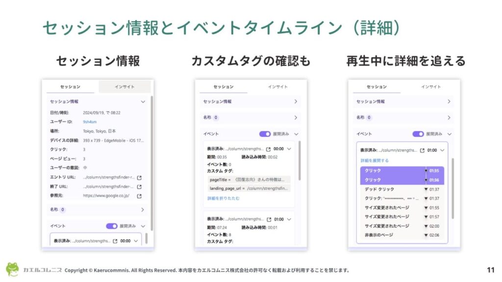 Microsoft Clarity:セッション情報とイベントタイムライン(詳細)